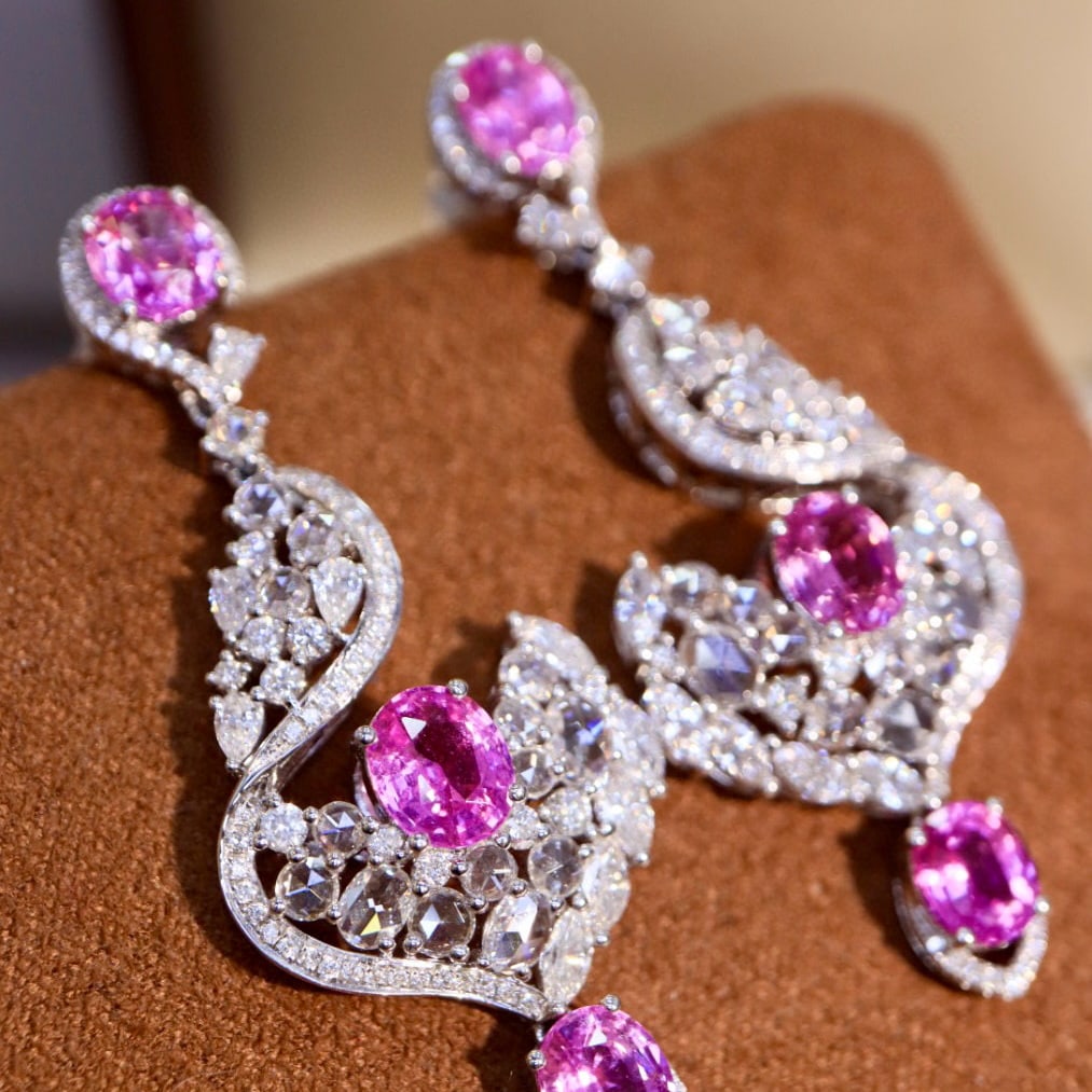 14k Gold 7.48 Ctw Natural Padparadscha Sapphire & Diamond Earrings - 5
