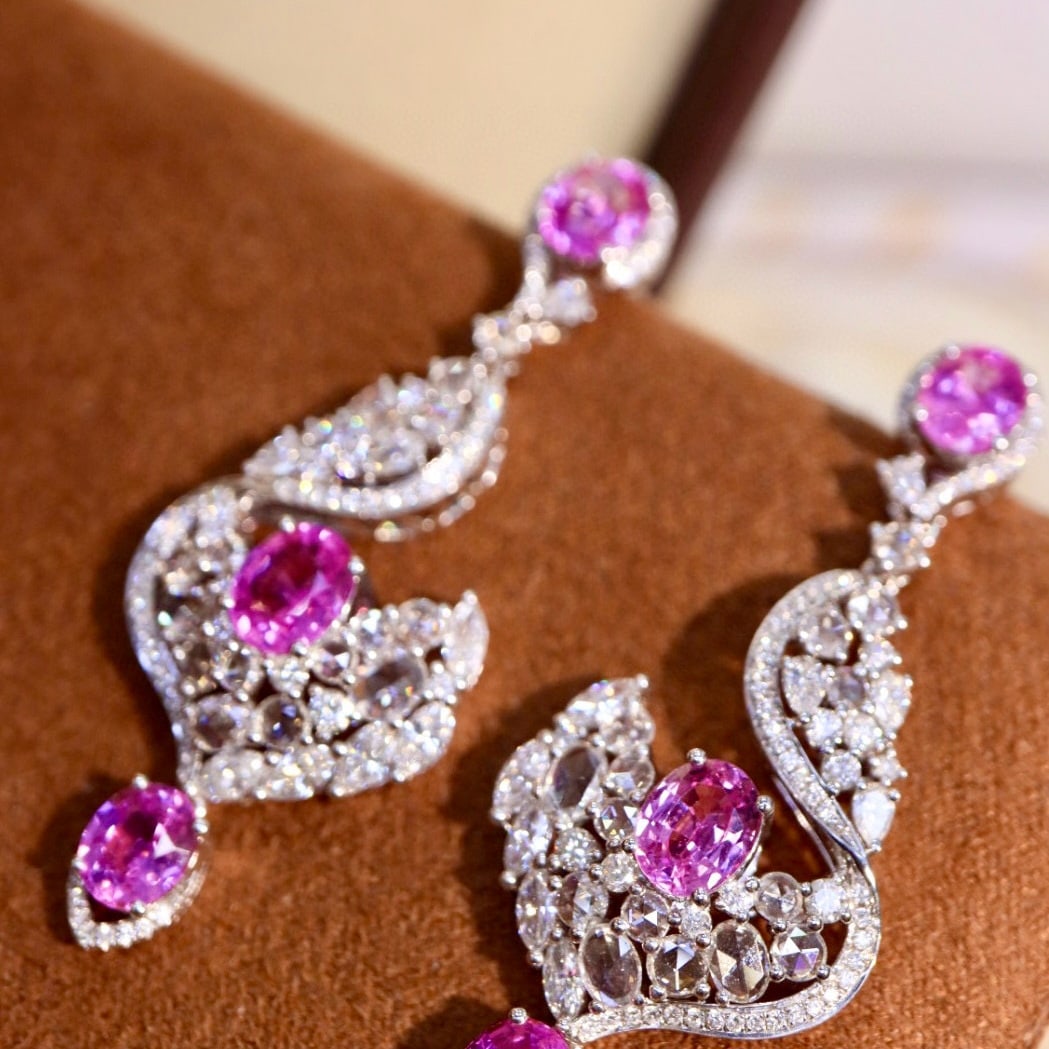14k Gold 7.48 Ctw Natural Padparadscha Sapphire & Diamond Earrings - 6