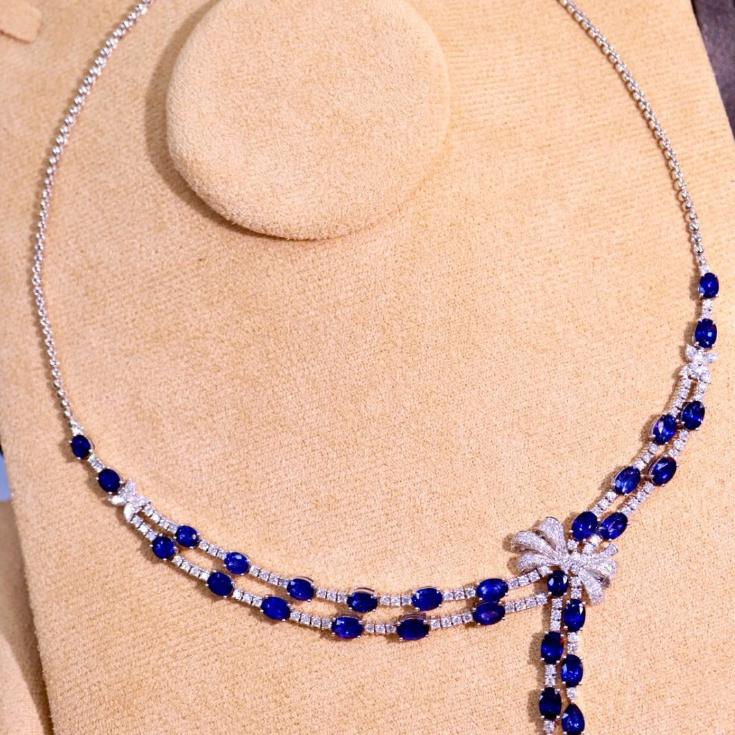 14k Gold 21.22 Ctw Natural Sapphire & Diamond Necklace: Ref:230977015 // gold content:14k gold // main gemstone:sapphire // shape:multiply // carat weight:18. 45ct // color:blue // treatment:natural // // adjacent gemstone 2 : diamond // shape:multiply // 