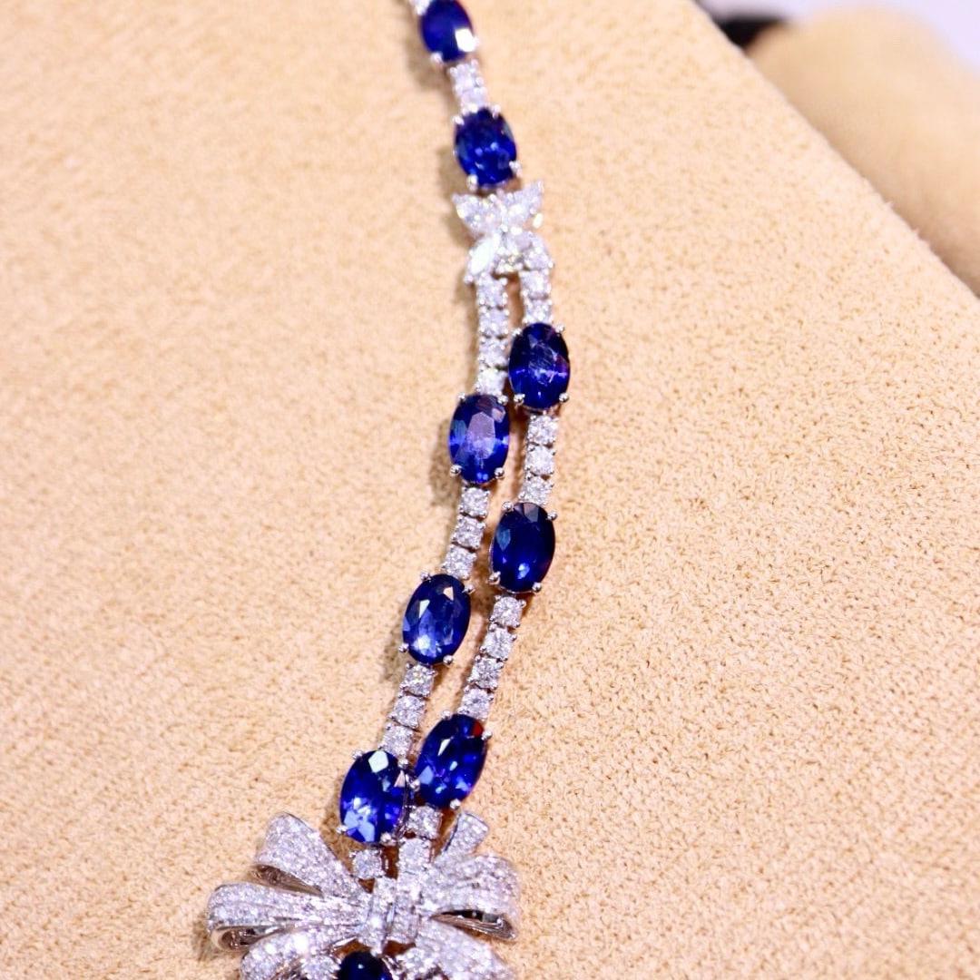 14k Gold 21.22 Ctw Natural Sapphire & Diamond Necklace - 4