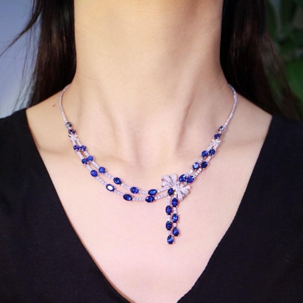 14k Gold 21.22 Ctw Natural Sapphire & Diamond Necklace - 8