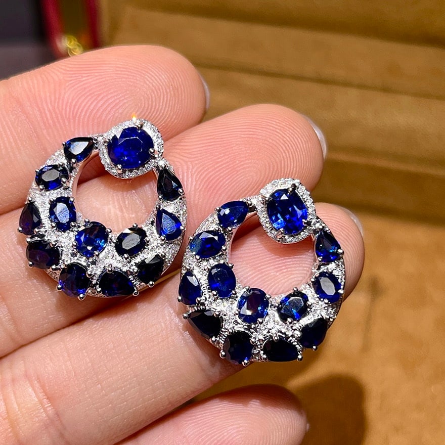 14k Gold 7.53 Ctw Natural Sapphire & Diamond Earrings - 3