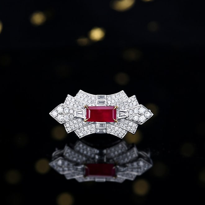 14k Gold 1.32 Ctw Natural Ruby & Diamond Brooch/pendant( Without Chain ): Ref:230977039 // gold content:14k gold // main gemstone:ruby // shape:baguette // carat weight:0. 85ct // color:red // treatment:natural // // adjacent gemstone 2 : diamond // number of stones:92 //