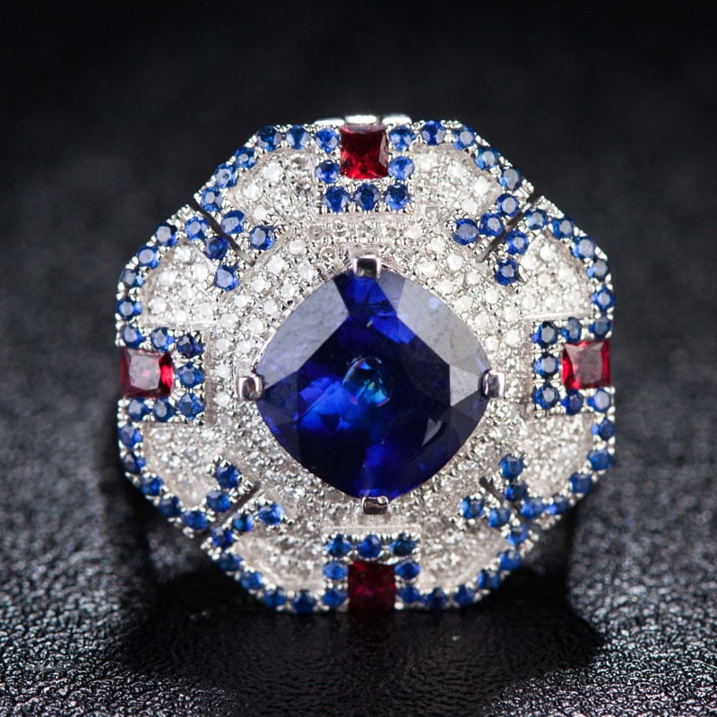 14k Gold 3.55 Ct Natural Sapphire & Diamond & Sapphire & Ruby Ring/pendant( Without Chain ): Ref:230977041 // gold content:14k gold // ring size:7. 25us // // main gemstone:sapphire // shape:cushion // carat weight:3. 55ct // color:blue // treatment:natural // // adjacent gemstone 2 :
