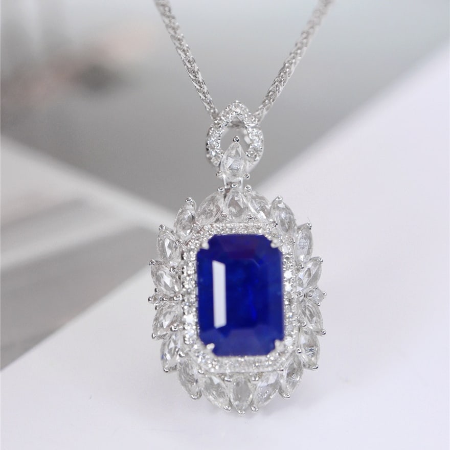 14k Gold 2.16 Ct Natural Sapphire & Diamond & Sapphire Pendant( Without Chain ): Ref:230977043 // gold content:14k gold // main gemstone:sapphire // shape:octagonal // carat weight:2. 16ct // color:blue // treatment:natural // // adjacent gemstone 2 : diamond // shape:round //