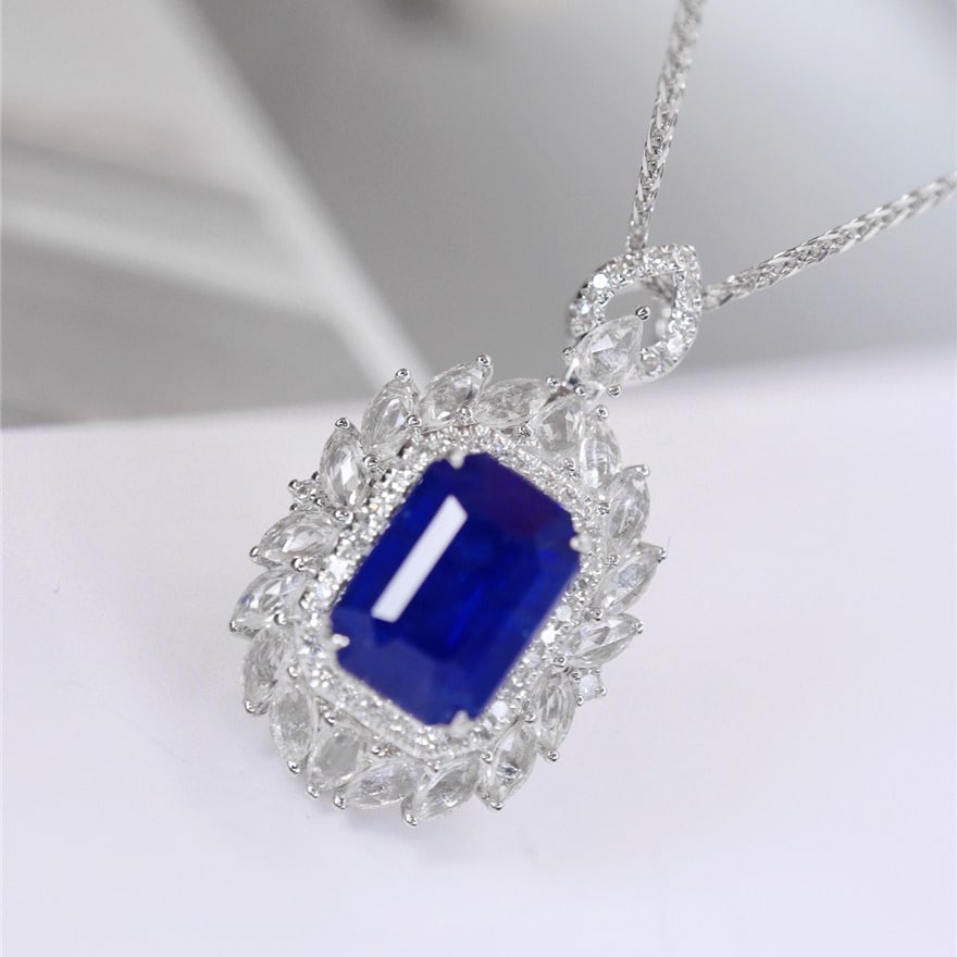14k Gold 2.16 Ct Natural Sapphire & Diamond & Sapphire Pendant( Without Chain ) - 2