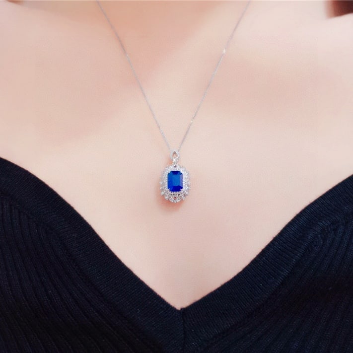 14k Gold 2.16 Ct Natural Sapphire & Diamond & Sapphire Pendant( Without Chain ) - 5