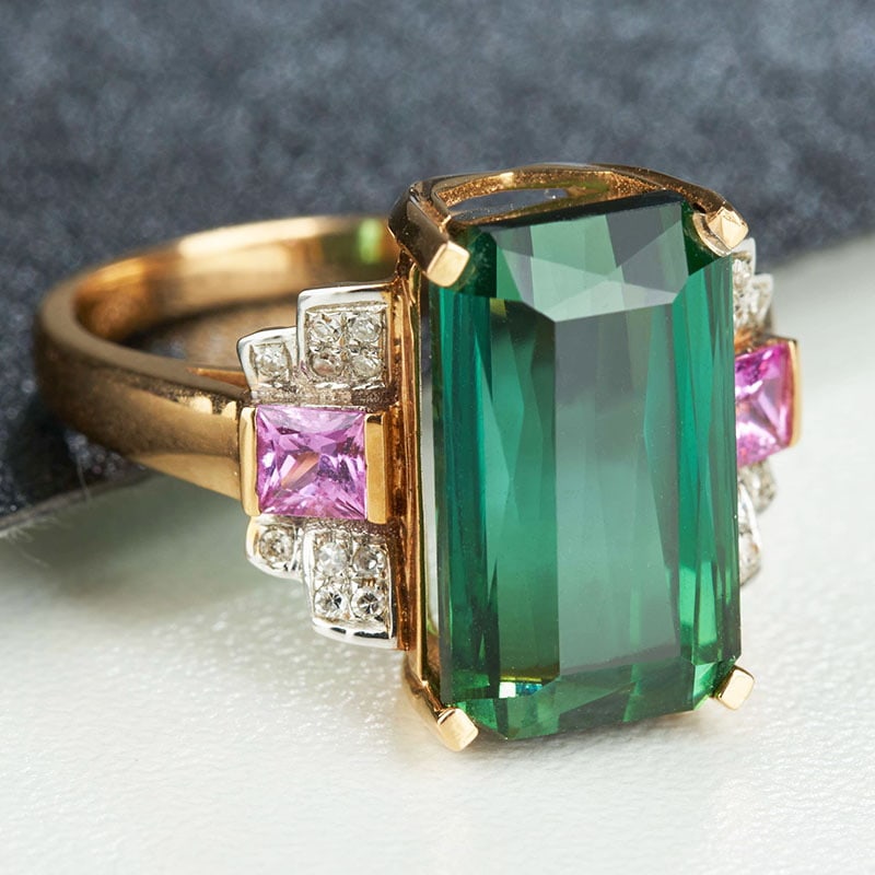 14k Gold 8.2 Ct Natural Tourmaline & Sapphire & Diamond Ring - 2