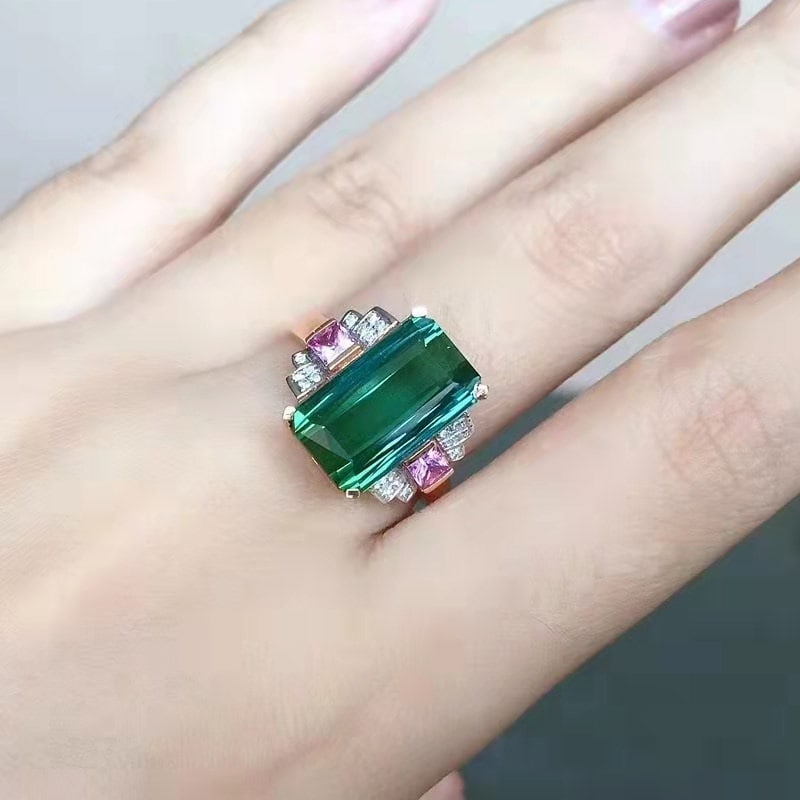 14k Gold 8.2 Ct Natural Tourmaline & Sapphire & Diamond Ring - 3