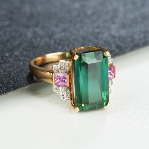 14k Gold 8.2 Ct Natural Tourmaline & Sapphire & Diamond Ring - 4