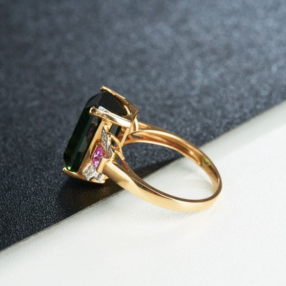 14k Gold 8.2 Ct Natural Tourmaline & Sapphire & Diamond Ring - 5