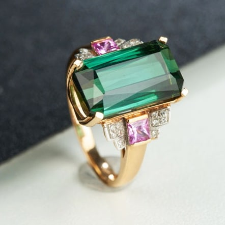 14k Gold 8.2 Ct Natural Tourmaline & Sapphire & Diamond Ring - 6