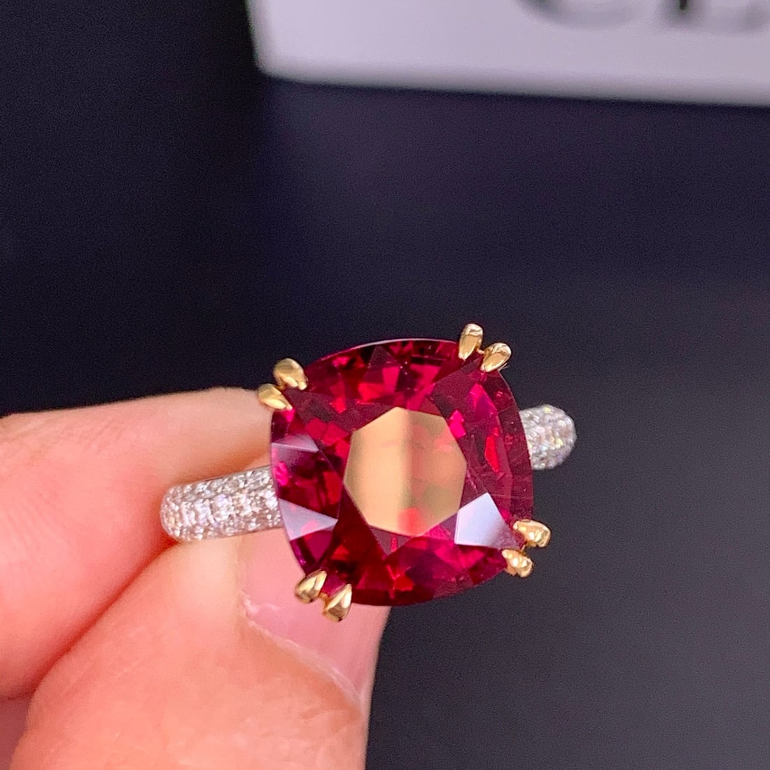 14k Gold 6.93 Ctw Natural Tourmaline & Diamond Ring: Ref:230977087 // gold content:14k gold // ring size:7. 25us // // main gemstone:tourmaline // shape:cushion // carat weight:6. 5ct // color:rubellite // treatment:natural // // adjacent gemstone 2 :