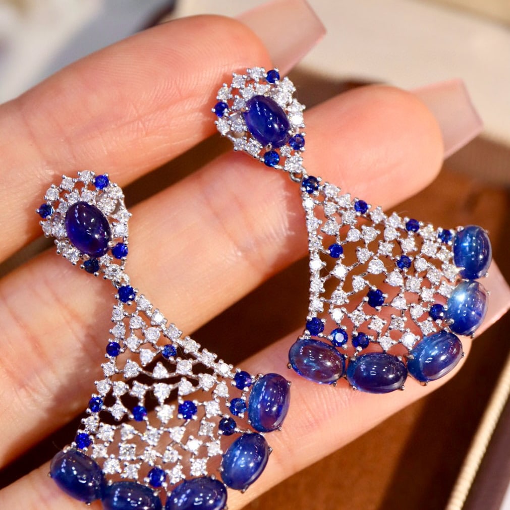 14k Gold 10.93 Ctw Natural Sapphire & Diamond Earrings - 4
