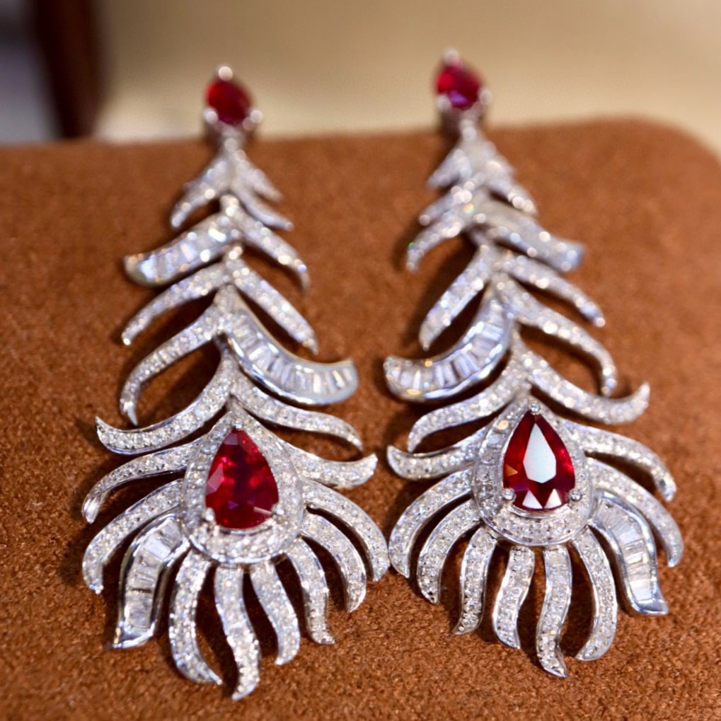 14k Gold 3.13 Ctw Natural Ruby & Diamond Earrings: Ref:230977097 // gold content:14k gold // main gemstone:ruby // shape:pear // carat weight:1. 58ct // color:red // treatment:natural // // adjacent gemstone 2 : diamond // shape:multiply // carat