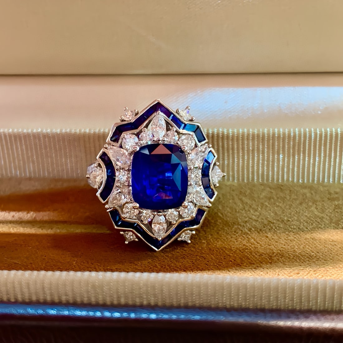 14k Gold 4.25 Ctw Natural Sapphire & Diamond Ring: Ref:230977107 // gold content:14k gold // ring size:7. 25us // // main gemstone:sapphire // shape:cushion // carat weight:3. 17ct // color:royal blue // treatment:natural // // adjacent gemstone 2 : d