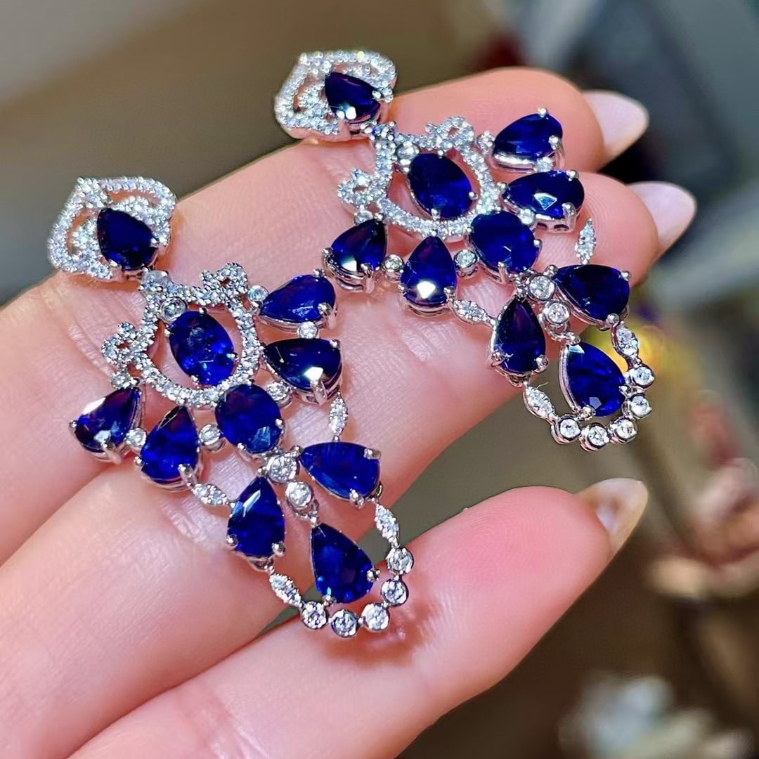 14k Gold 11.19 Ctw Natural Sapphire & Diamond Earrings - 2