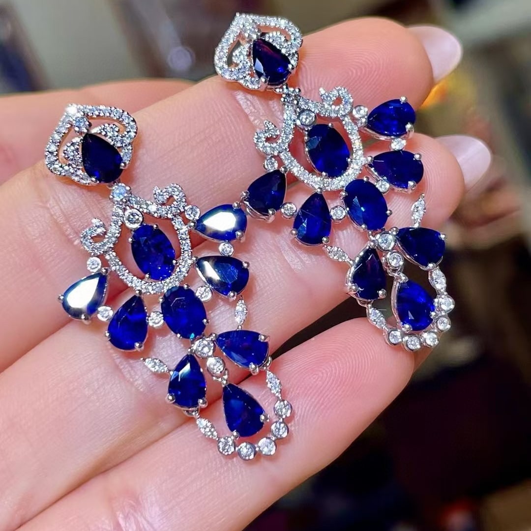 14k Gold 11.19 Ctw Natural Sapphire & Diamond Earrings - 4