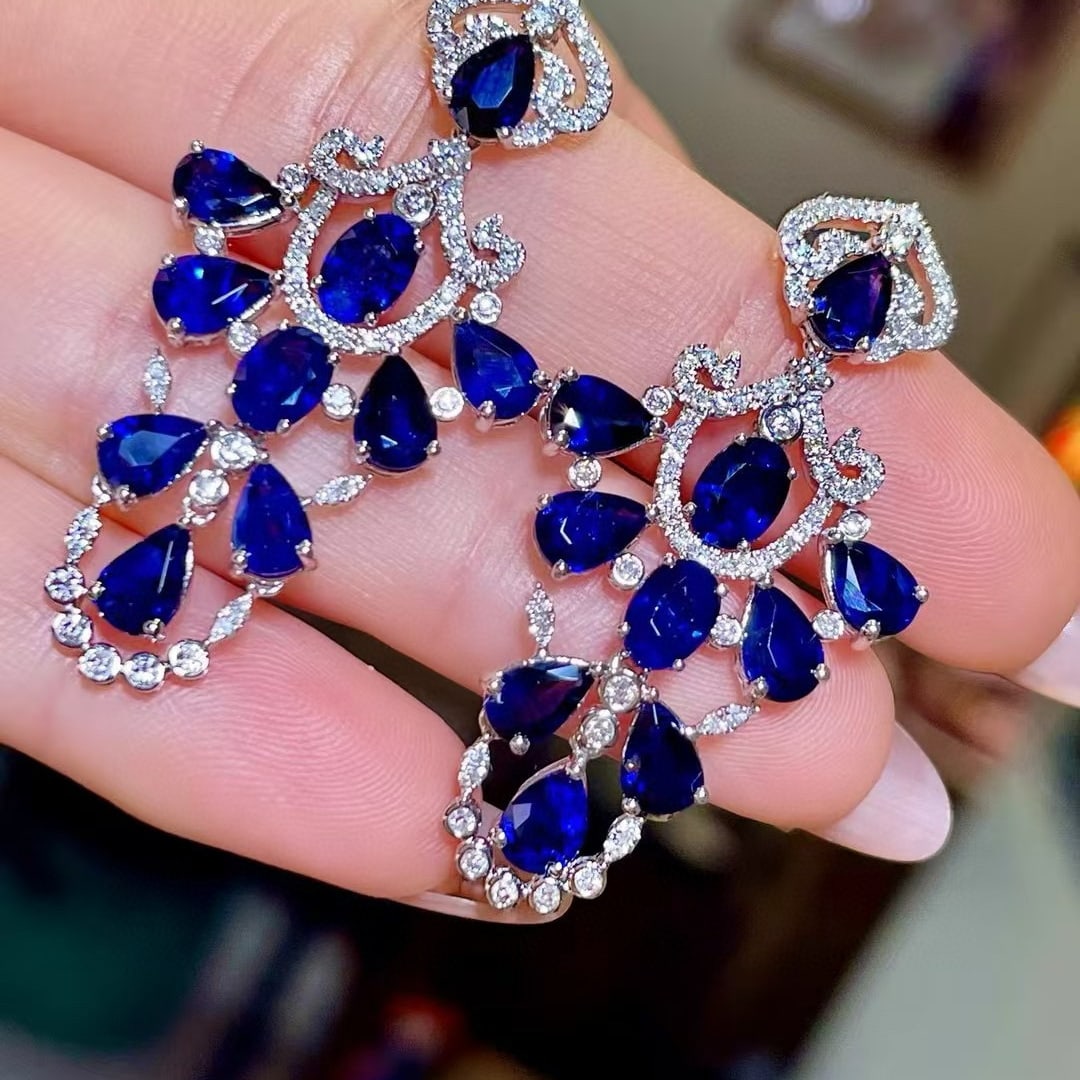 14k Gold 11.19 Ctw Natural Sapphire & Diamond Earrings - 5