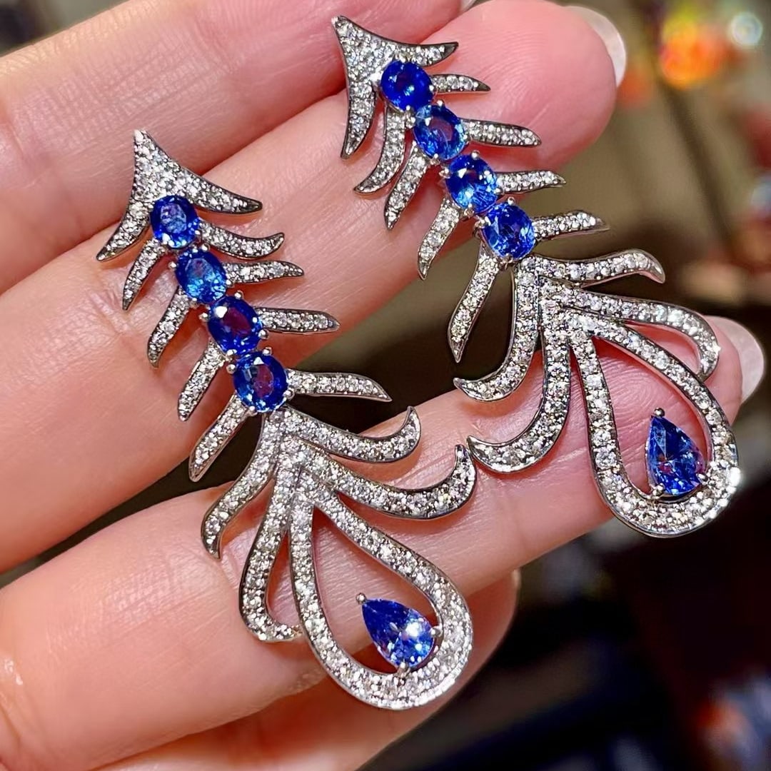 14k Gold 5.25 Ctw Natural Sapphire & Diamond Earrings - 2