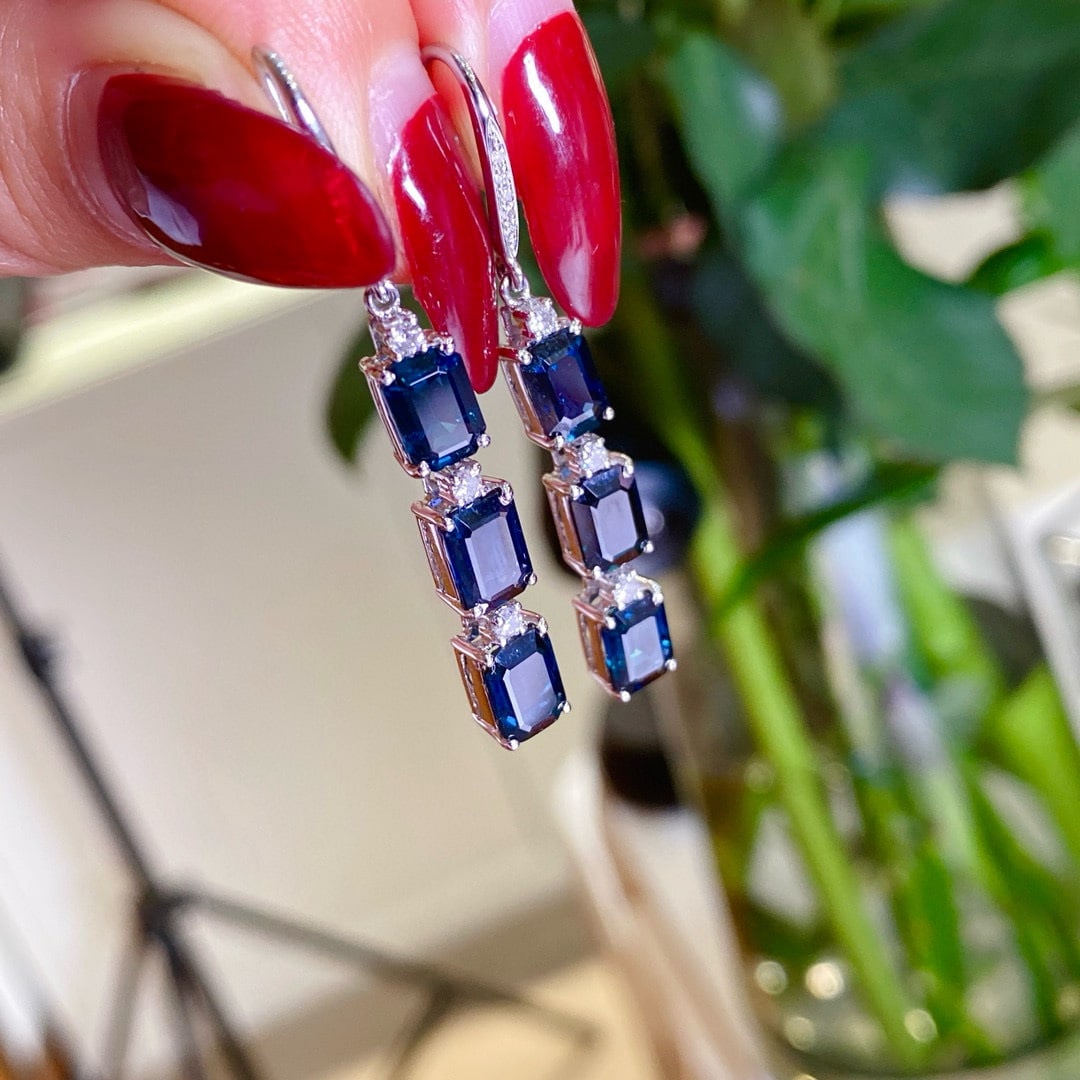14k Gold 6.73 Ctw Natural Sapphire & Diamond Earrings - 2