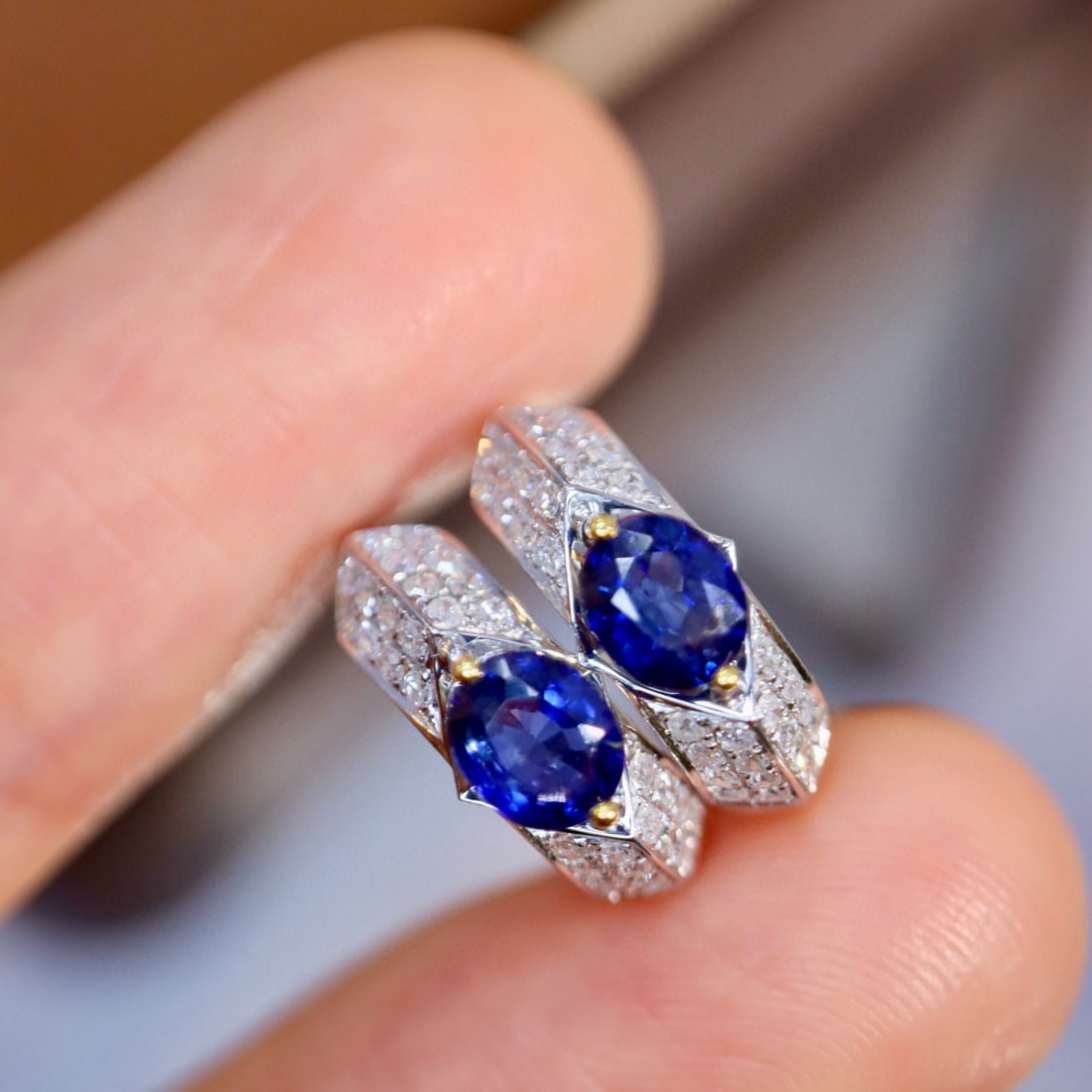 14k Gold 1.28 Ctw Natural Sapphire & Diamond Earrings - 5