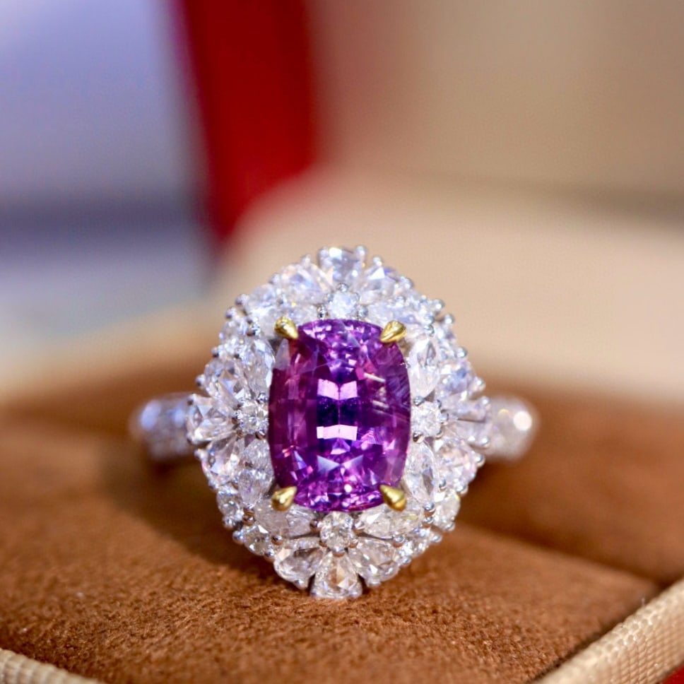 14k Gold 2.67 Ctw Natural Sapphire & Diamond Ring: Ref:230977170 // gold content:14k gold // ring size:7. 25us // // main gemstone:sapphire // shape:cushion // carat weight:2. 25ct // color:purplish pink // treatment:natural // // adjacent gemstone 2