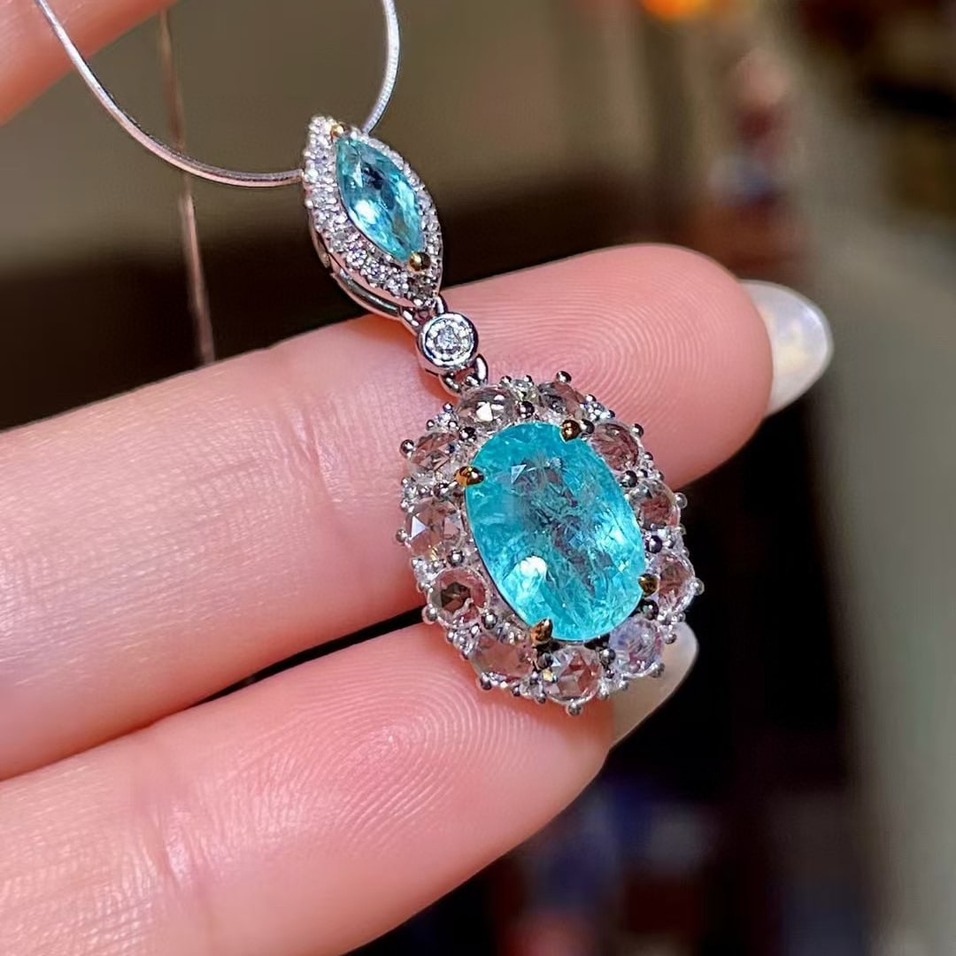 14k Gold 3.14 Ctw Natural Paraiba Tourmaline & Diamond Pendant( Without Chain ) - 2