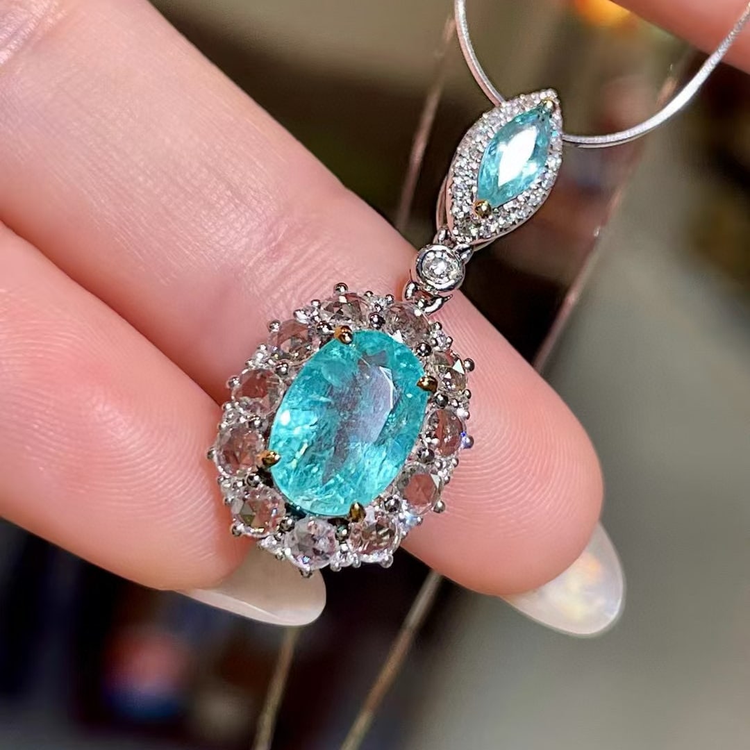14k Gold 3.14 Ctw Natural Paraiba Tourmaline & Diamond Pendant( Without Chain ) - 3