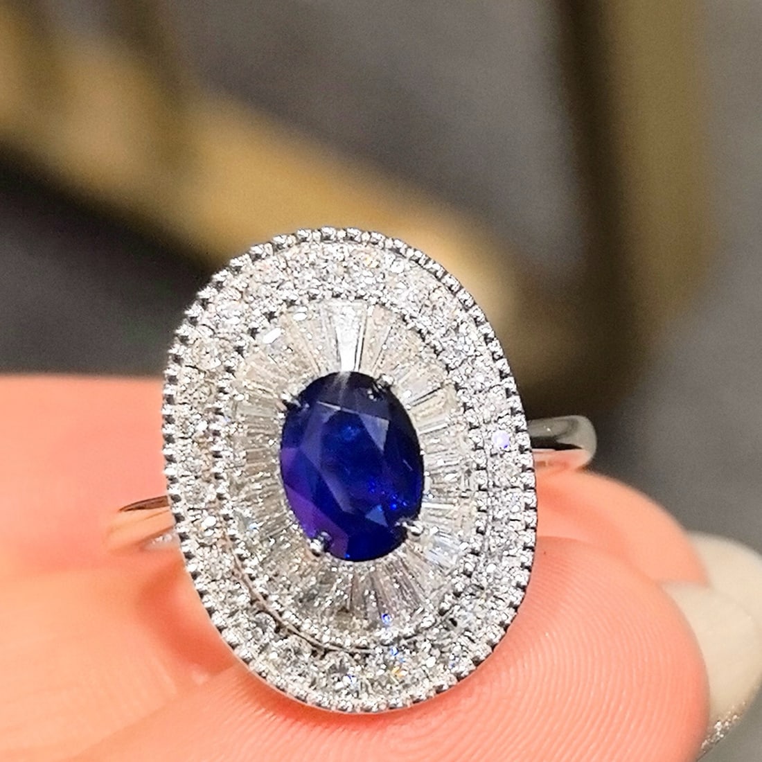 14k Gold 2.45 Ctw Natural Sapphire & Lab Grown Diamond Ring: Ref:230977208 // gold content:14k gold // ring size:7. 25us // // main gemstone:sapphire // shape:oval // carat weight:1. 3ct // color:blue // treatment:natural // // adjacent gemstone 2 : lab grown d