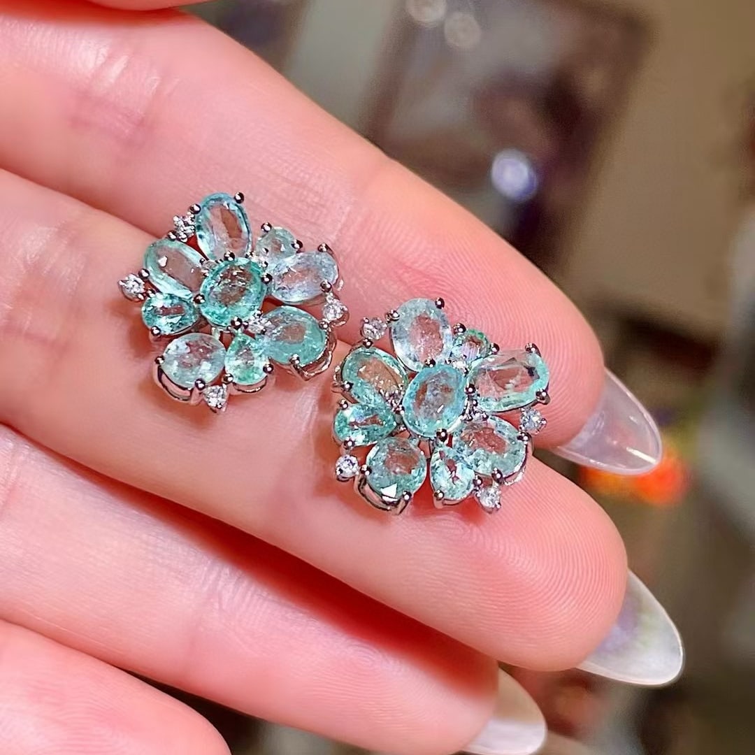14k Gold 4.19 Ctw Natural Paraiba Tourmaline & Diamond Earrings - 2