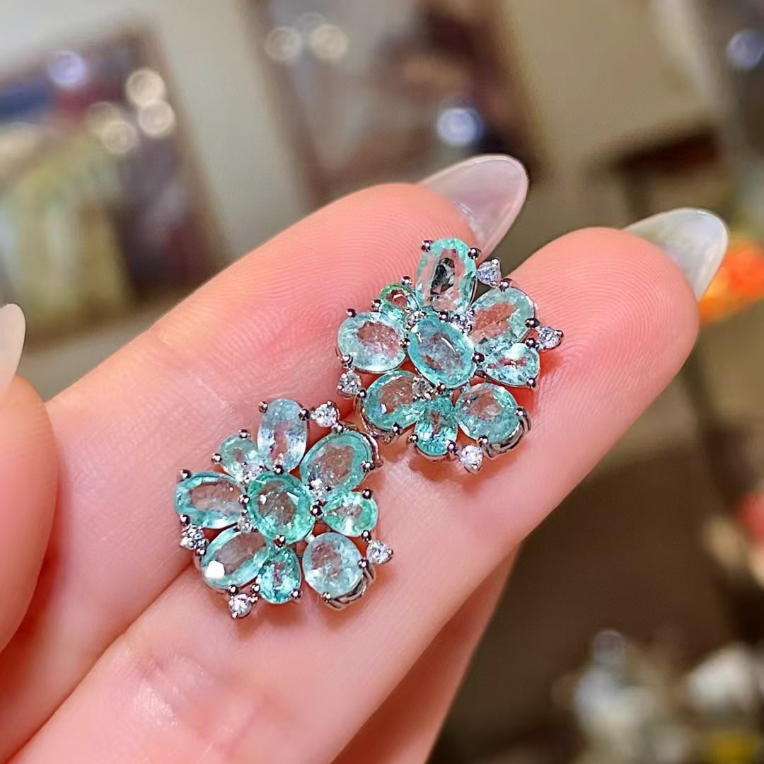 14k Gold 4.19 Ctw Natural Paraiba Tourmaline & Diamond Earrings - 3