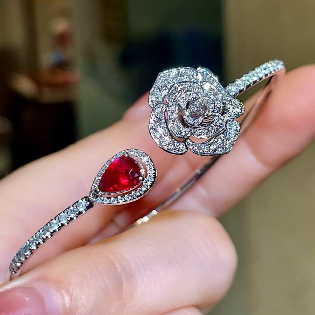 14k Gold 2.05 Ctw Natural Ruby & Diamond Bangle - 2