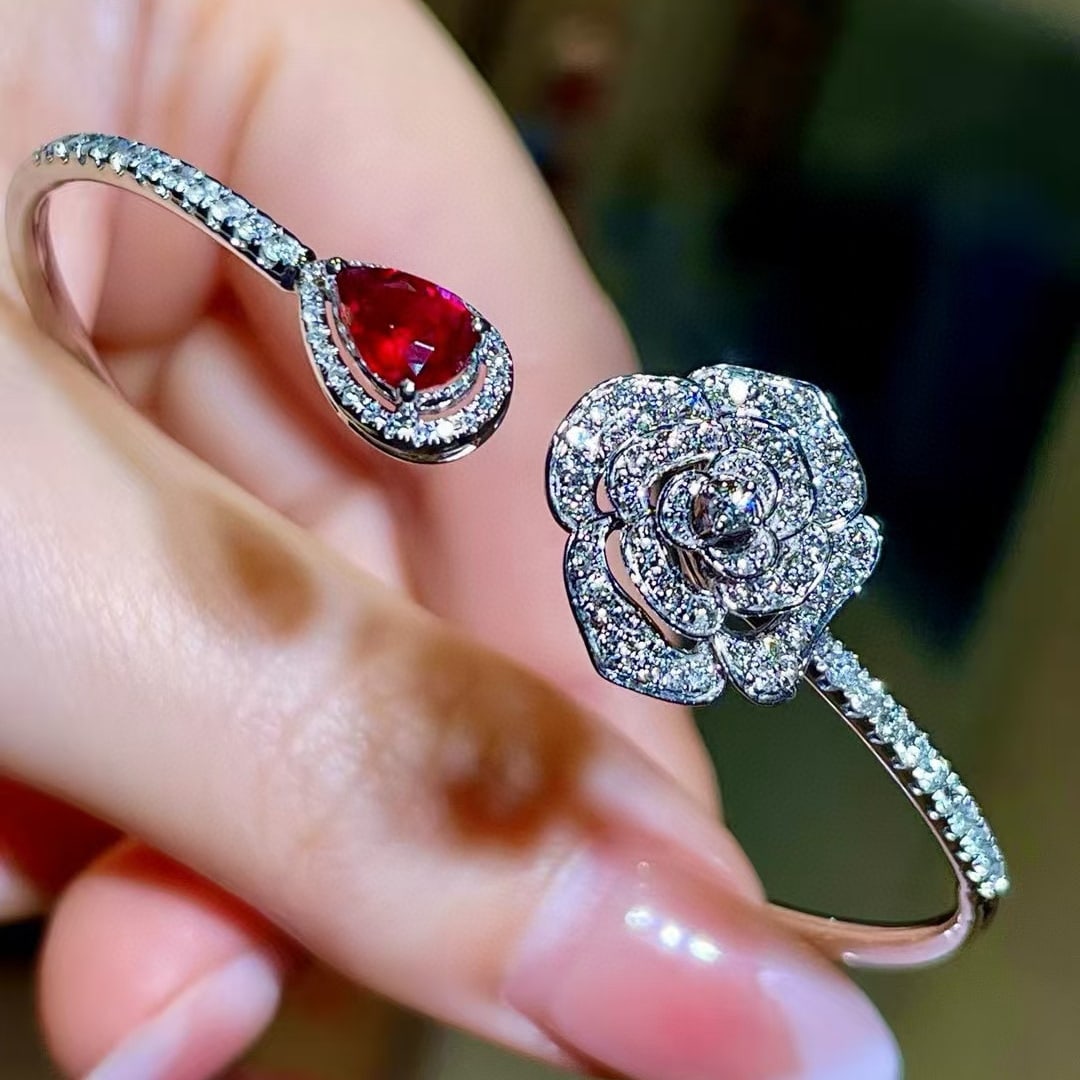 14k Gold 2.05 Ctw Natural Ruby & Diamond Bangle - 3
