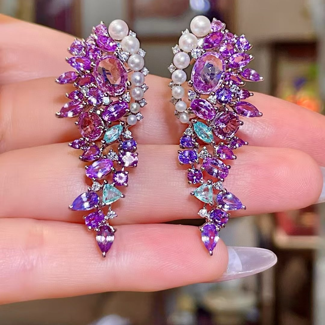 14k Gold 10.35 Ctw Natural Sapphire & Paraiba Tourmaline Earrings - 3