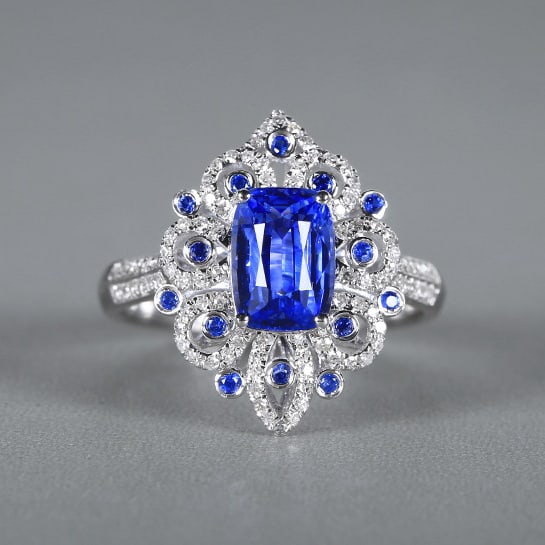 14k Gold 2.59 Ctw Natural Sapphire & Diamond Ring: Ref:230978080 // gold content:14k gold // ring size:7. 25us // // main gemstone:sapphire // shape:multiply // carat weight:2. 3ct // color:cornflower blue // treatment:natural // // adjacent gemstone