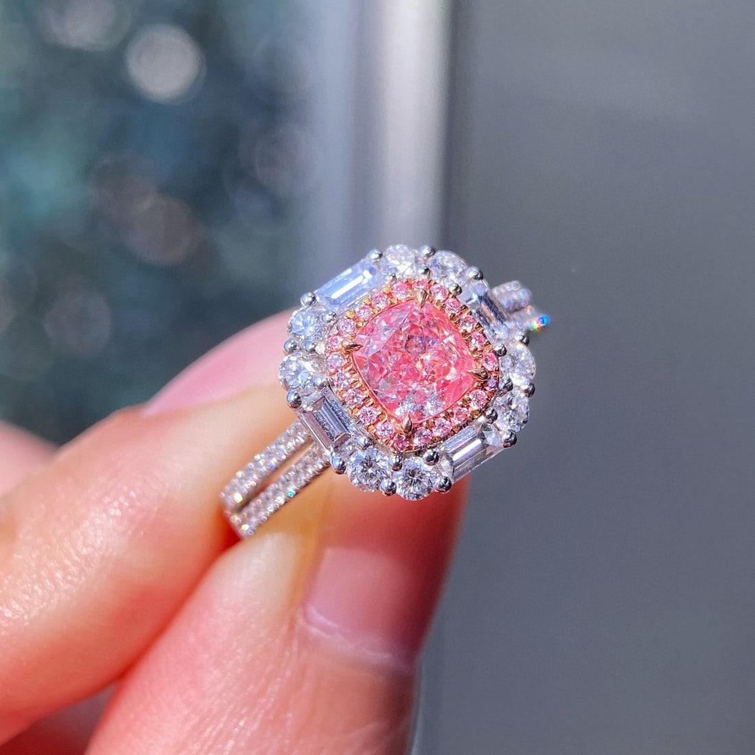 Gia Certified 14k Gold 1.48 Ctw Natural Pink Diamond & Diamond Ring: Ref:230978214 // gold content:14k gold // ring size:7. 25us // // main gemstone:pink diamond // certified:gia // shape:cushion // carat weight:0. 71ct // clarity grade:vs2 // color:pink //