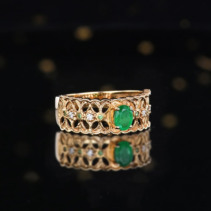 14k Gold 0.45 Ct Vivid Green Natural Emerald & Diamond Ring - 5