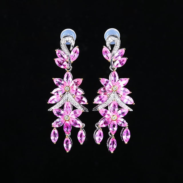 14k Gold 7.83 Ctw Natural Sapphire & Diamond Earrings: Ref:230978276 // gold content:14k gold // main gemstone:sapphire // shape:marquise // carat weight:7. 65ct // color:pink // treatment:natural // // adjacent gemstone 2 : diamond // number of