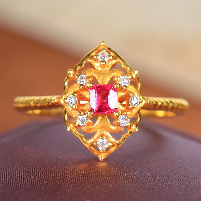 14k Gold 0.37 Ctw Natural Ruby & Diamond Ring: Ref:230978309 // gold content:14k gold // ring size:7. 25us // // main gemstone:ruby // shape:square // carat weight:0. 29ct // color:red // treatment:natural // // adjacent gemstone 2 : diamond //