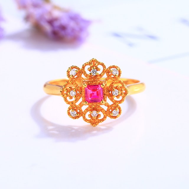14k Gold 0.36 Ctw Natural Ruby & Diamond Ring: Ref:230978361 // gold content:14k gold // ring size:7. 25us // // main gemstone:ruby // shape:square // carat weight:0. 28ct // color:red // treatment:natural // // adjacent gemstone 2 : diamond //