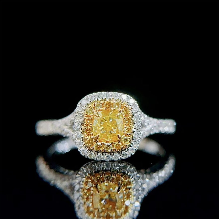 14k Gold 0.65 Ctw Natural Yellow Diamond & Diamond Ring: Ref:230978375 // gold content:14k gold // ring size:7. 25us // // main gemstone:yellow diamond // shape:cushion // carat weight:0. 30ct // color:yellow // treatment:natural // // adjacent gemstone 2