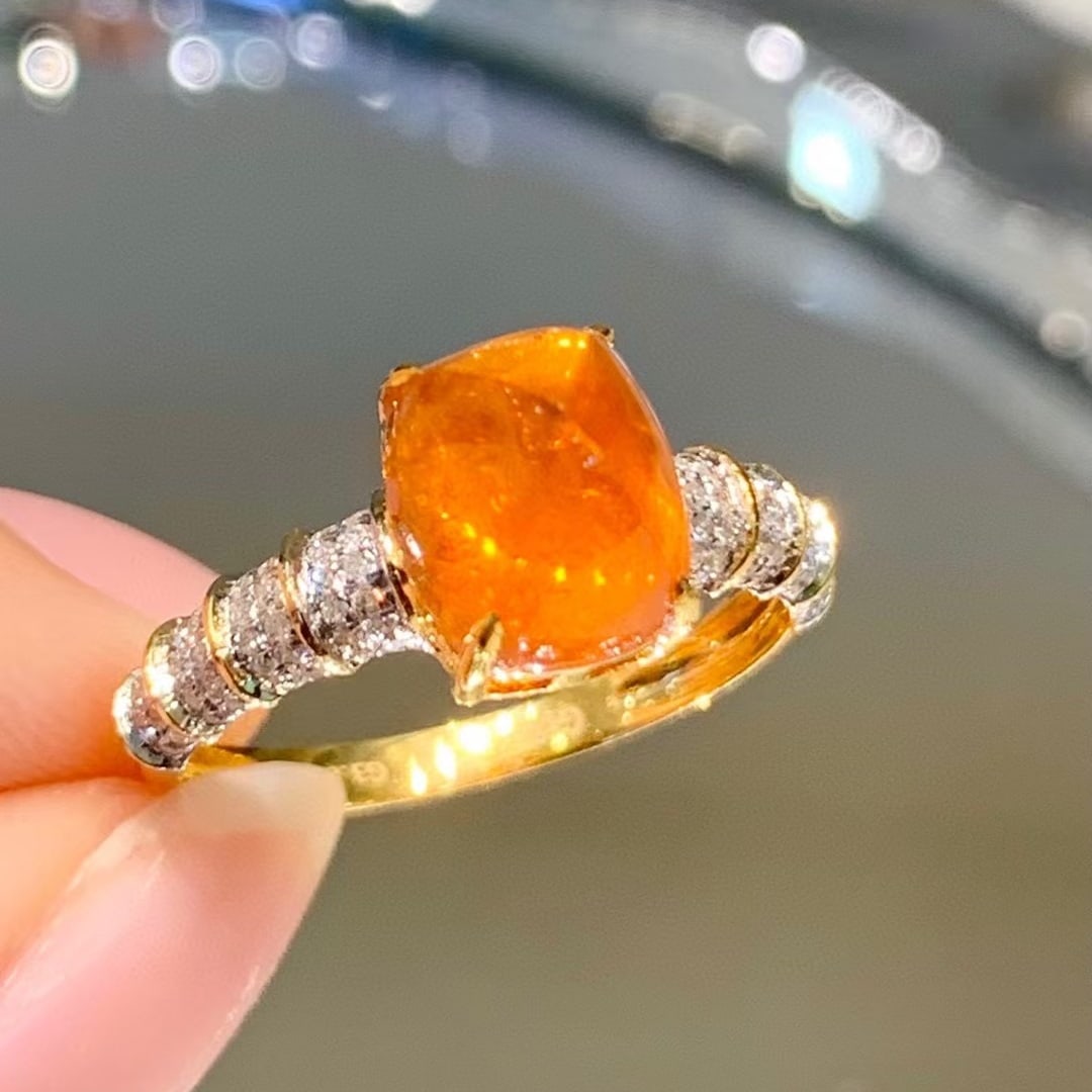 14k Gold 3.8 Ct Natural Spessartine & Diamond Ring: Ref:230978378 // gold content:14k gold // ring size:7. 25us // // main gemstone:spessartine // shape:suger-loaf // carat weight:3. 8ct // color:orange // treatment:natural // // adjacent gemstone 2 :