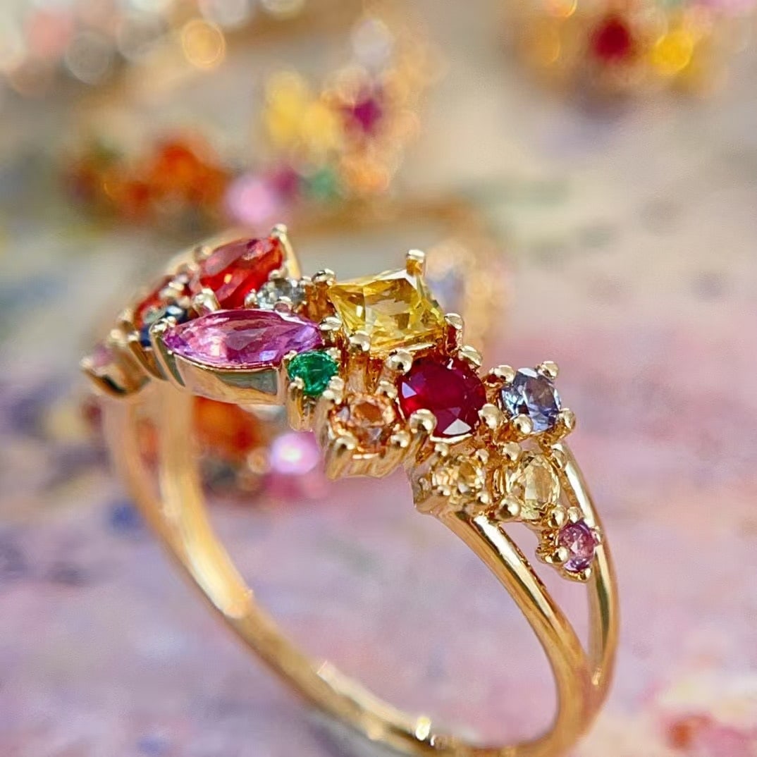 14k Gold 1.00 Ct Natural Sapphire & Ruby & Emerald Ring - 2