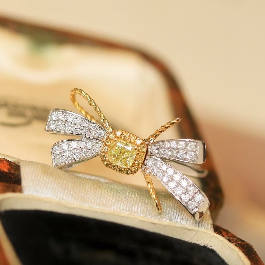 14k Gold 0.55 Ctw Natural Yellow Diamond & Diamond Ring: Ref:230978443 // gold content:14k gold // ring size:7. 25us // // main gemstone:yellow diamond // shape:cushion // carat weight:0. 28ct // color:yellow // treatment:natural // // adjacent gemstone 2