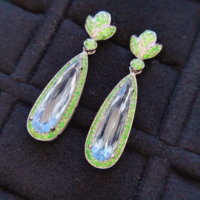 14k Gold 5.95 Ct Natural Aquamarine & Tsavorite Earrings - 2