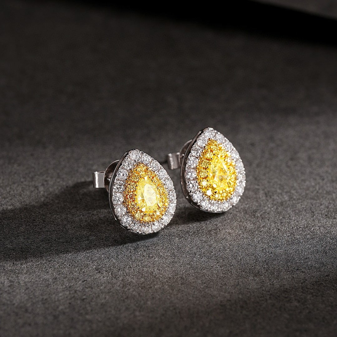 14k Gold 0.50 Ctw Natural Yellow Diamond & Diamond Earrings: Ref:230983015 // gold content:14k gold // main gemstone:yellow diamond // shape:pear // carat weight:0. 16ct // color:yellow // treatment:natural // // adjacent gemstone 2 : diamond // shape:round // 