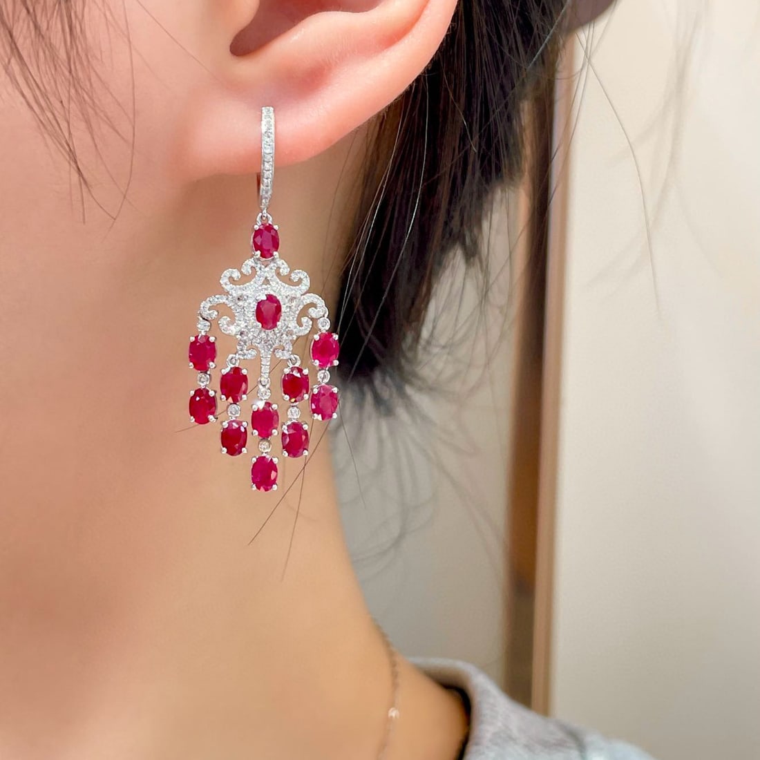 14k Gold 5.3 Ct Natural Ruby & Diamond Earrings - 5