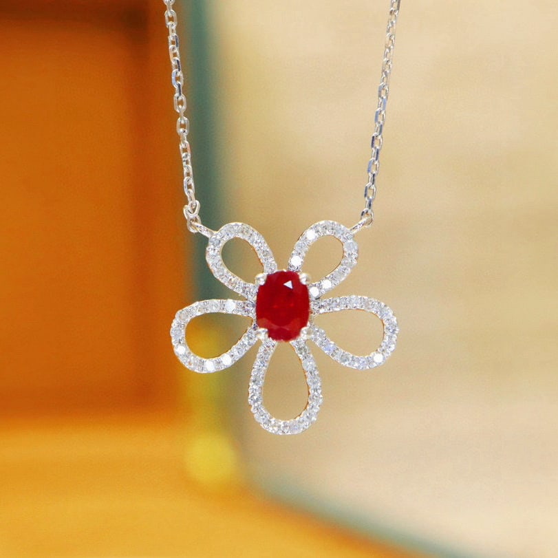 14k Gold 0.57 Ctw Vivid Red Natural Ruby & Diamond Necklace: Ref:230983024 // gold content:14k gold // main gemstone:ruby // shape:oval // carat weight:0. 40ct // color:vivid red // treatment:natural // // adjacent gemstone 2 : diamond // number of stones:56 //