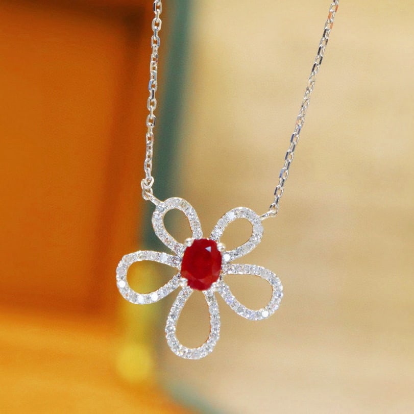 14k Gold 0.57 Ctw Vivid Red Natural Ruby & Diamond Necklace - 2